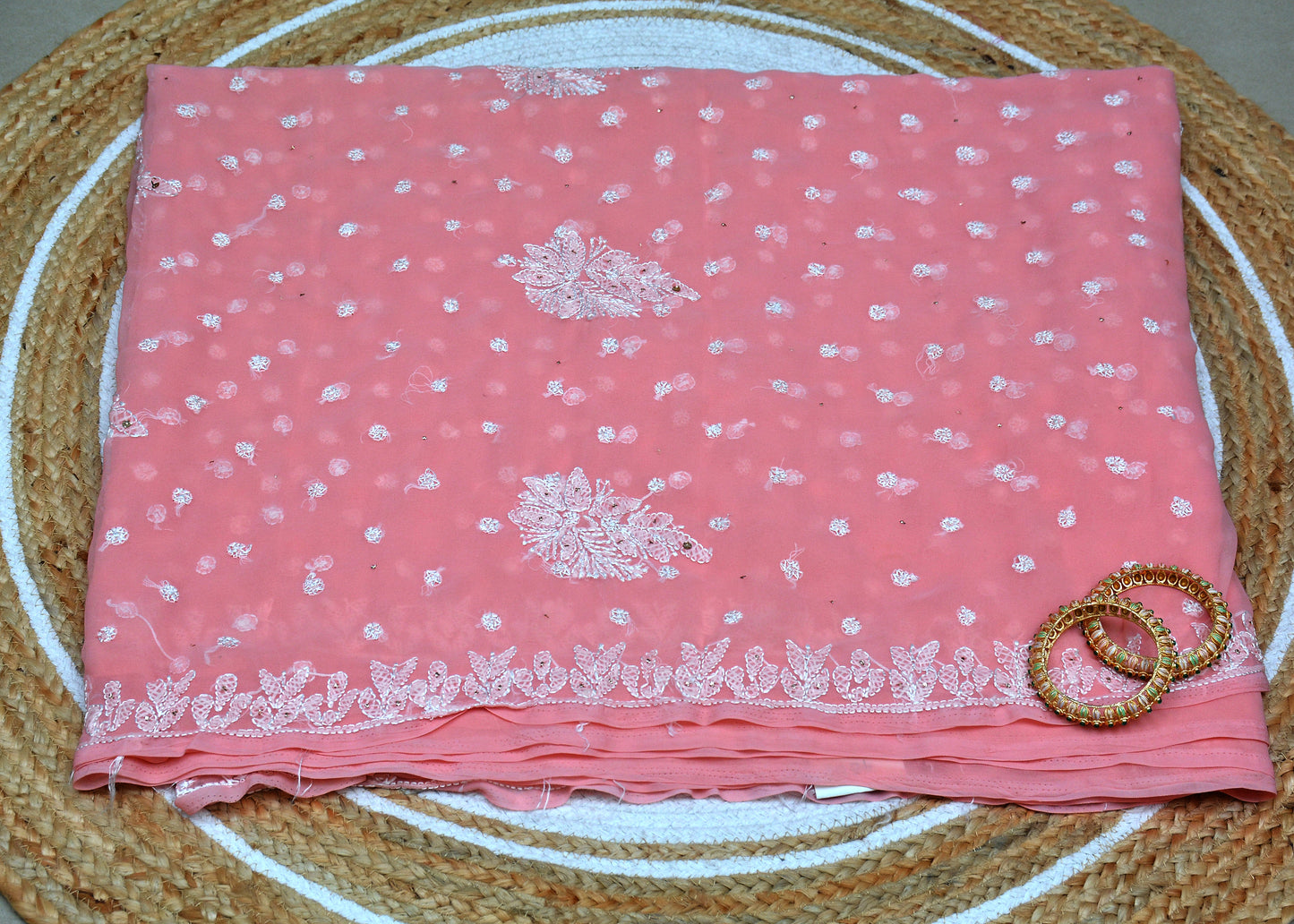 Hand Embroidered Pure Georgette Lucknowi Saree