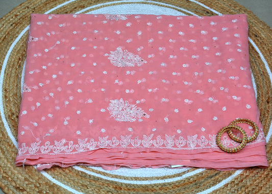 Hand Embroidered Pure Georgette Lucknowi Saree