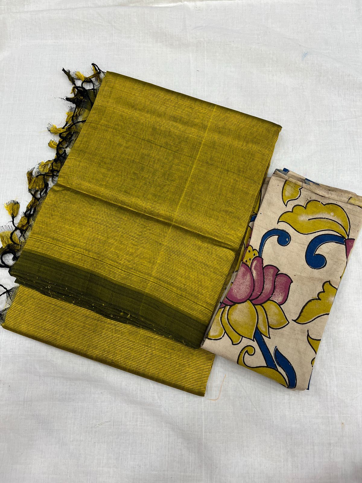 Handloom Mangalagiri Silk  Cotton Sarees,plain with Cotton kalamkari blouse
