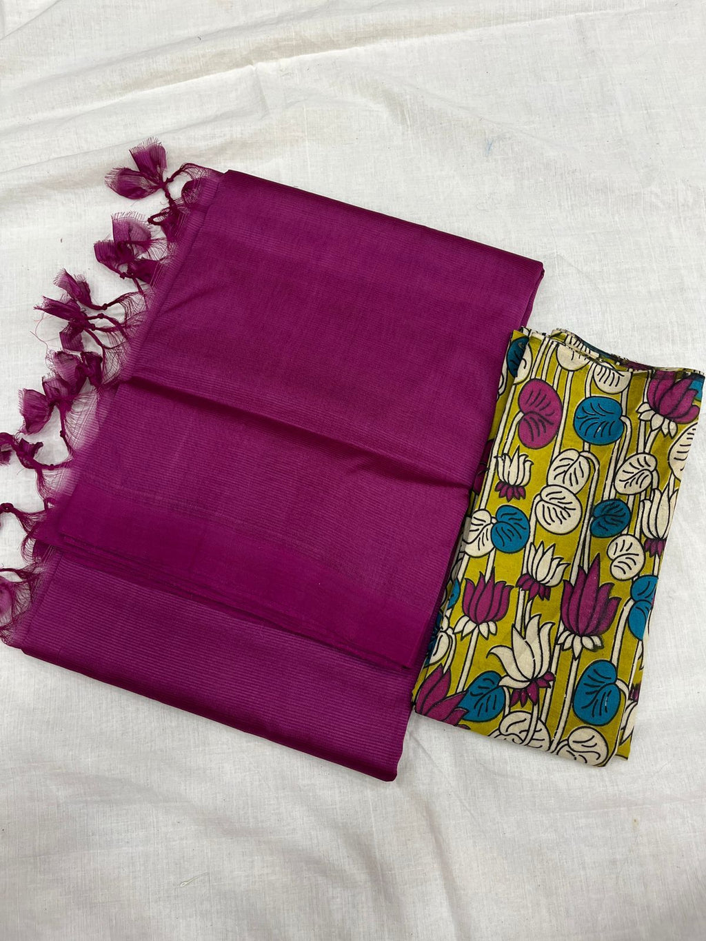 Handloom Mangalagiri Silk  Cotton Sarees,plain with Cotton kalamkari blouse