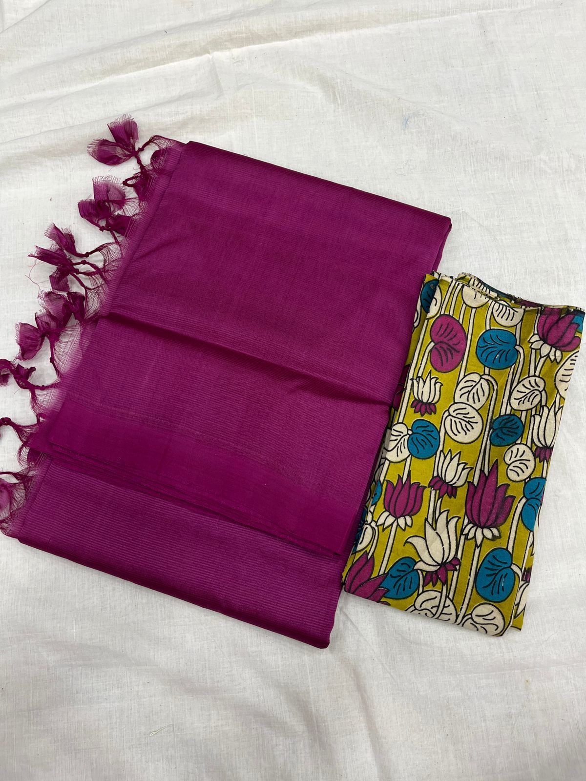 Handloom Mangalagiri Silk  Cotton Sarees,plain with Cotton kalamkari blouse