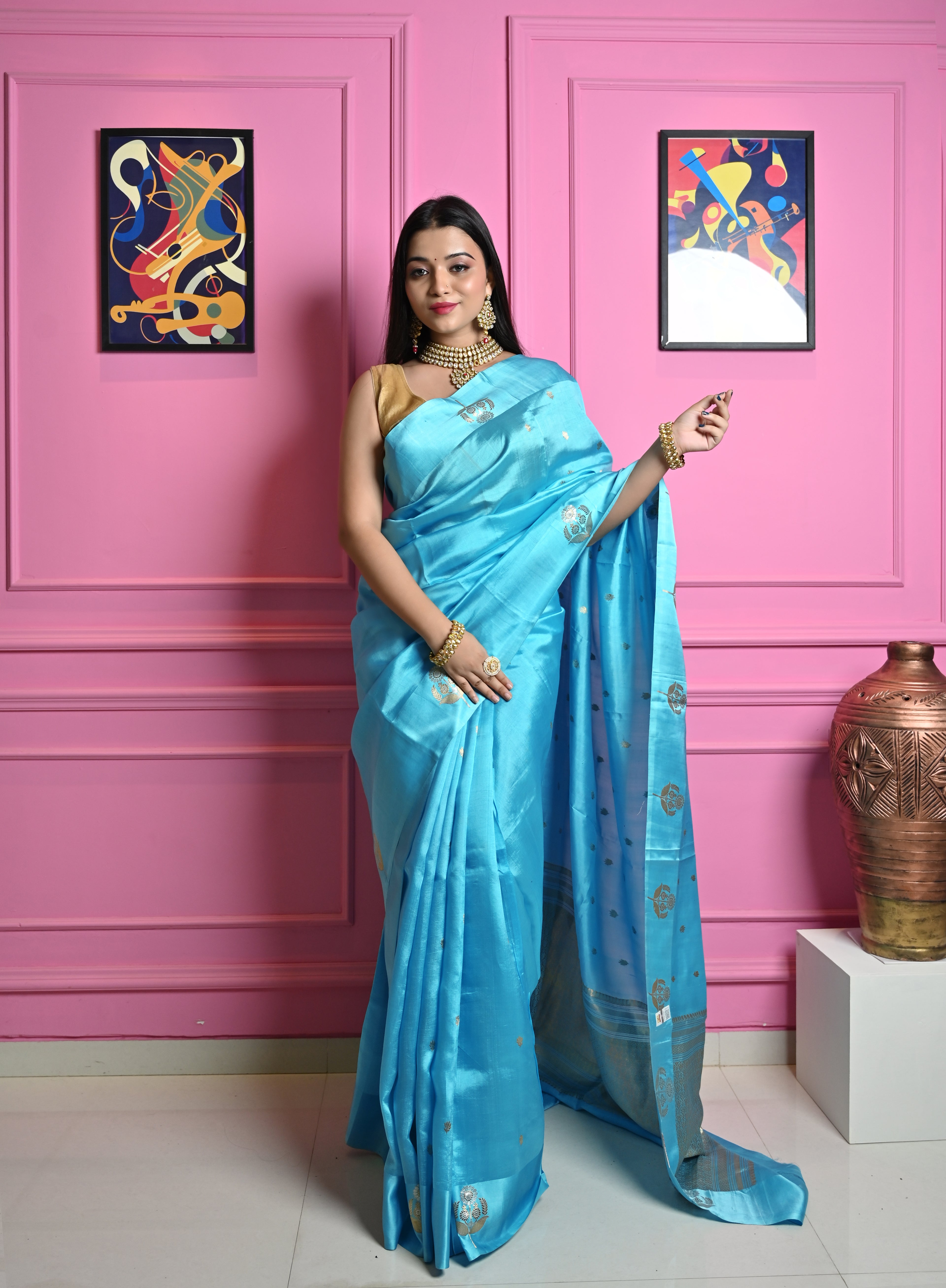 Pure Banarasi Sky Blue Raw mango  Silk Saree