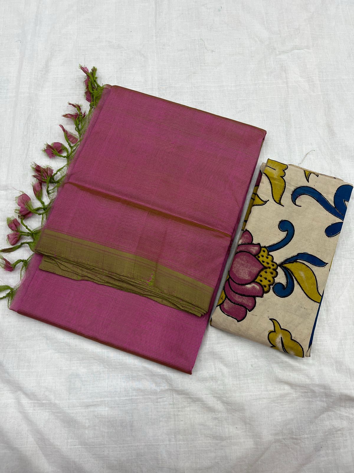 Handloom Mangalagiri Silk  Cotton Sarees,plain with Cotton kalamkari blouse