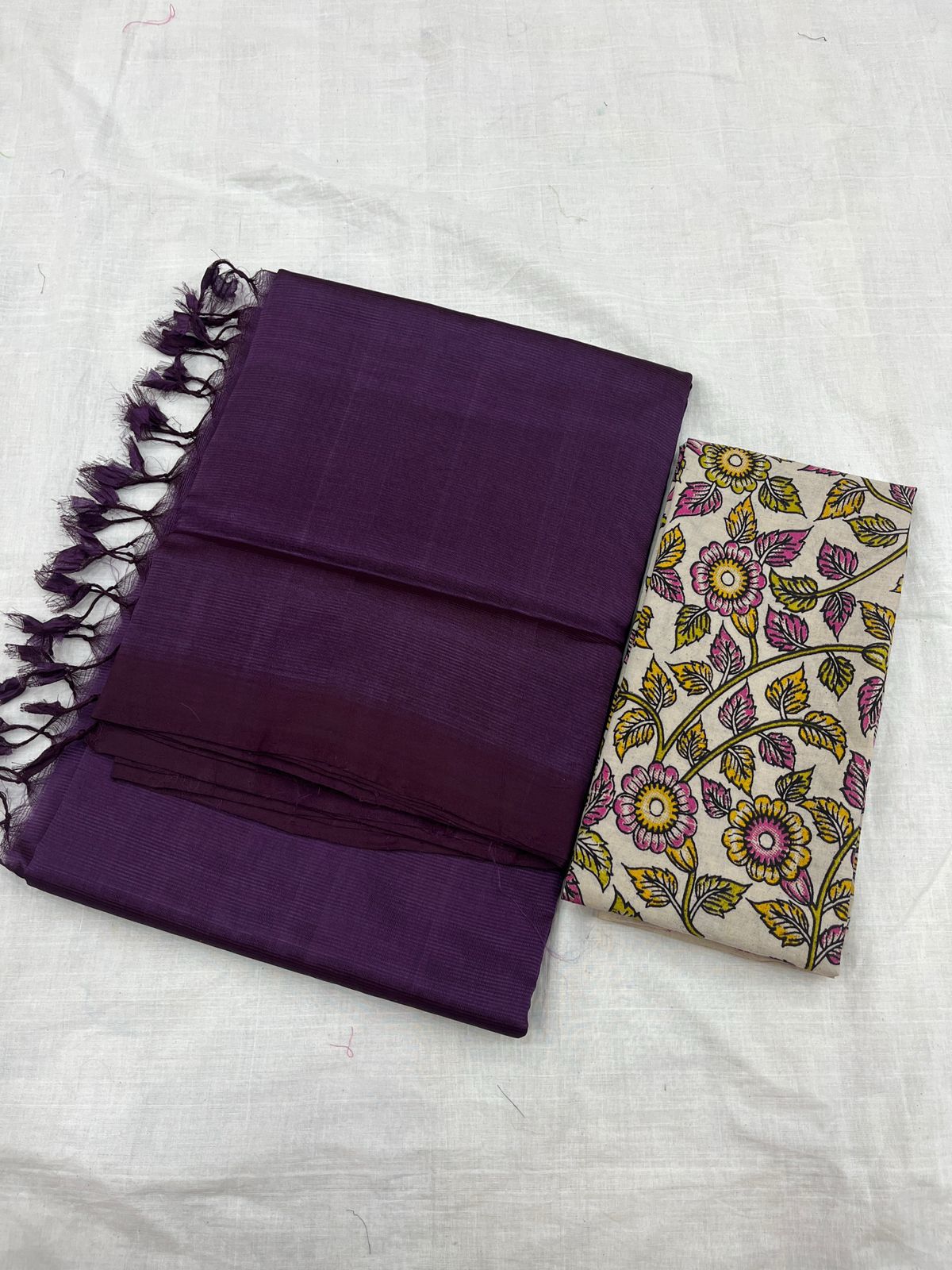 Handloom Mangalagiri Silk  Cotton Sarees,plain with Cotton kalamkari blouse