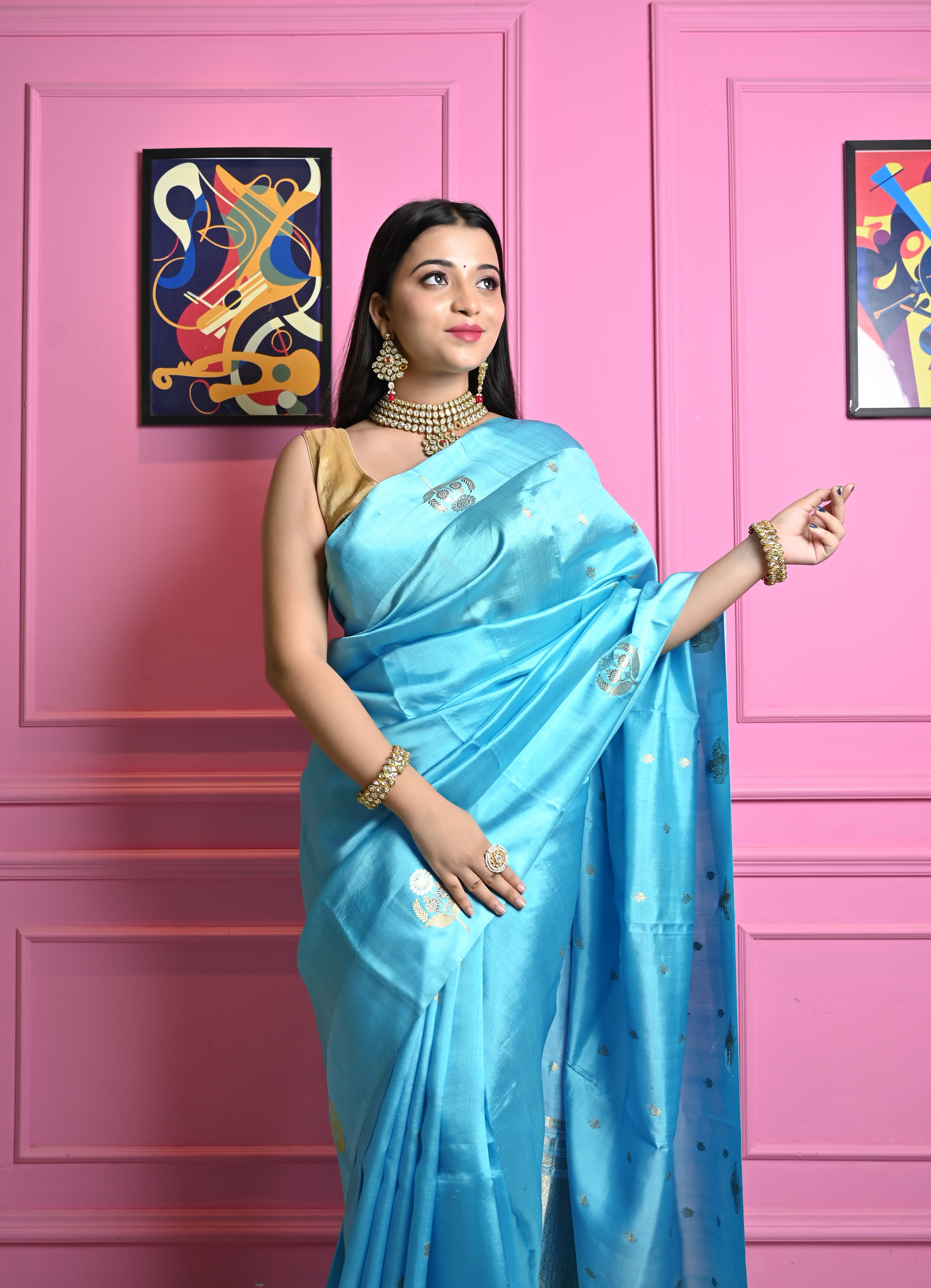 Pure Banarasi Sky Blue Raw mango  Silk Saree