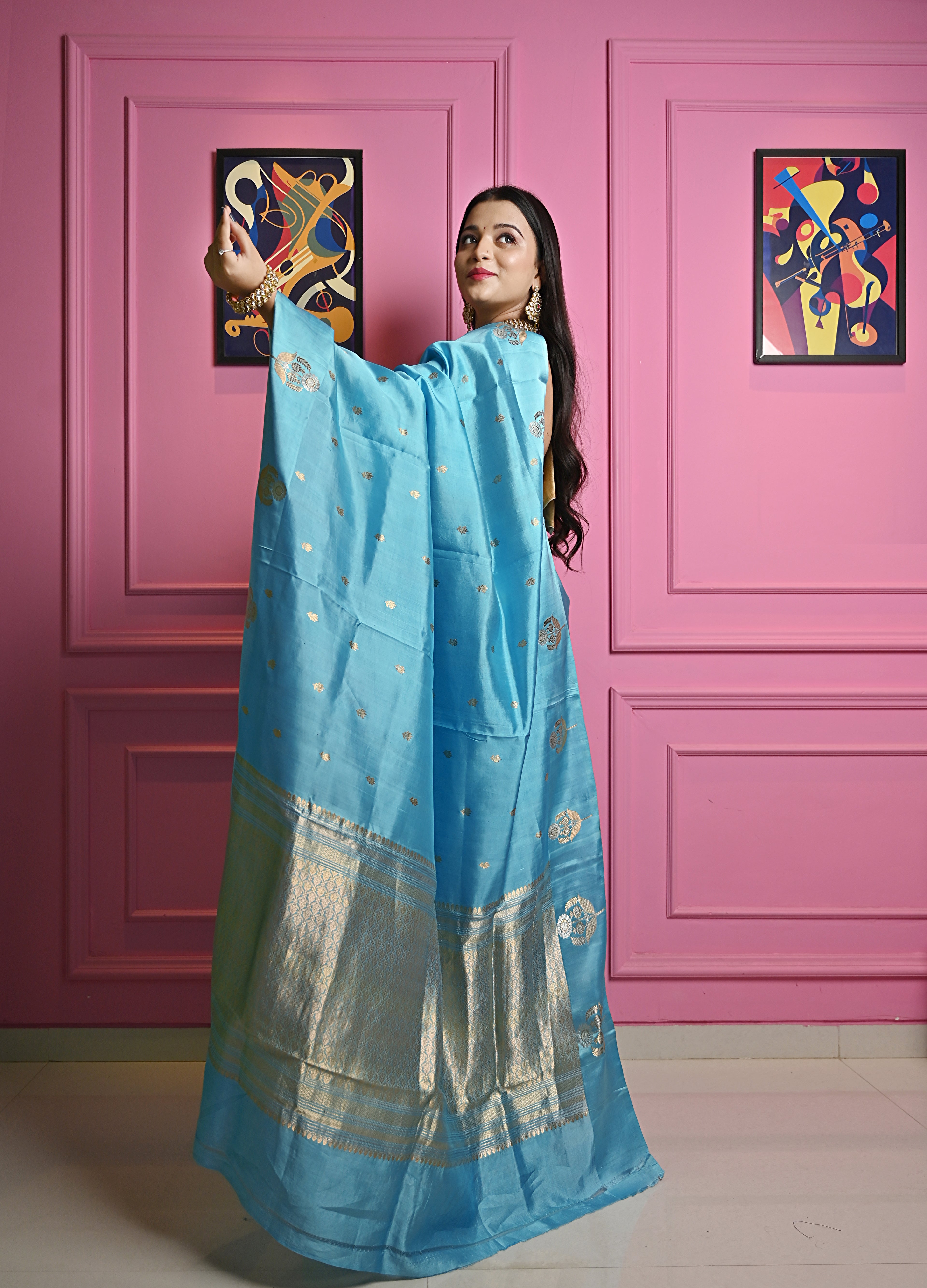 Pure Banarasi Sky Blue Raw mango  Silk Saree